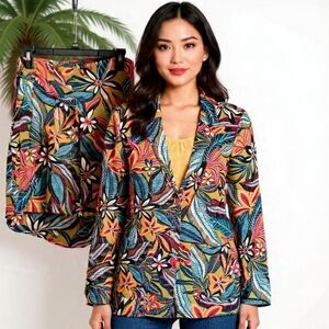 S/M🍀Promod Floral Multicolor Blazer and Short Set - Teal, Mustard, Coral, Navy